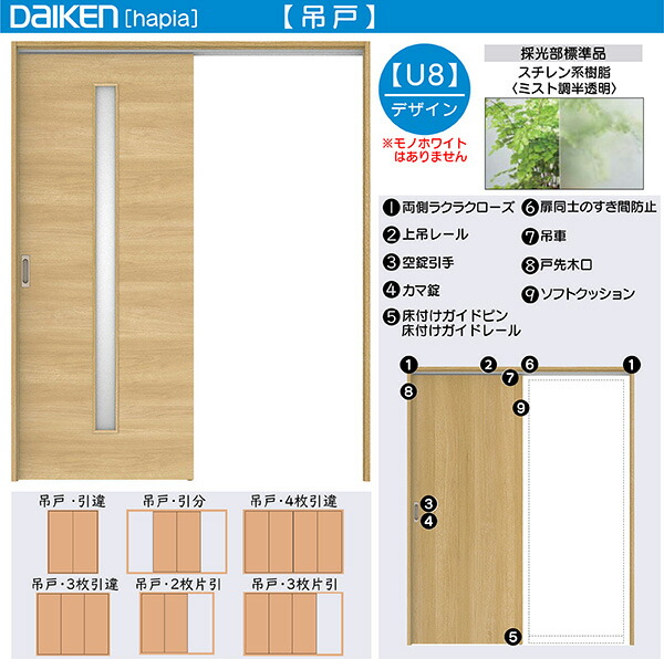 DAIKEN室内ドア ieria(イエリア)リビングドア 吊戸 2枚引き違い戸 価格帯100029円～：U8デザイン　高さ:2033mm