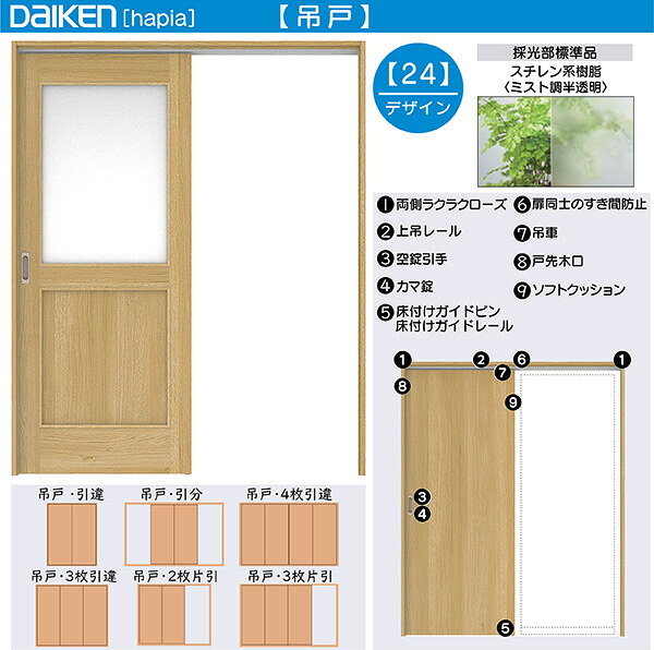 DAIKEN室内ドア ieria(イエリア)リビングドア 吊戸 2枚引き違い戸 価格帯114615円～：24デザイン　高さ:2033mm