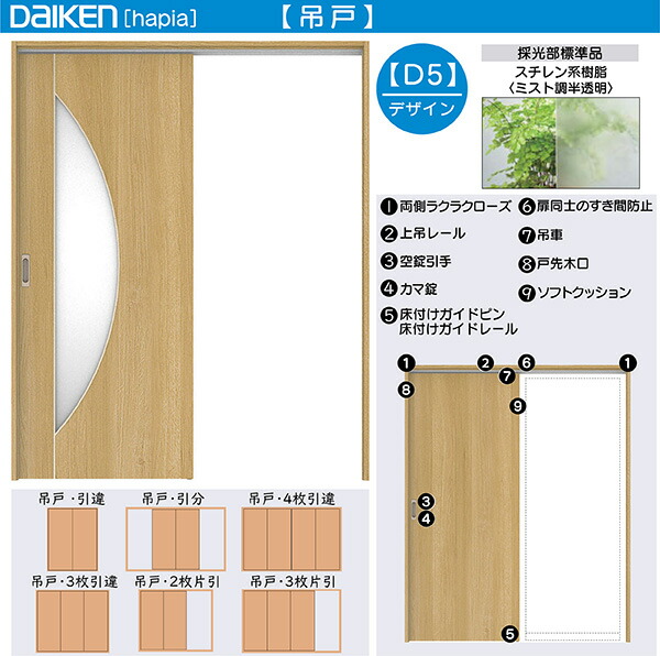 DAIKEN室内ドア ieria(イエリア)リビングドア 吊戸 2枚引き違い戸 価格帯161233円～：D5デザイン 高さ:2033mm