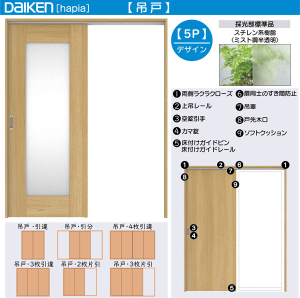 DAIKEN室内ドア ieria(イエリア)リビングドア 吊戸 2枚引き違い戸 価格帯161233円～：5Pデザイン 高さ:2033mm