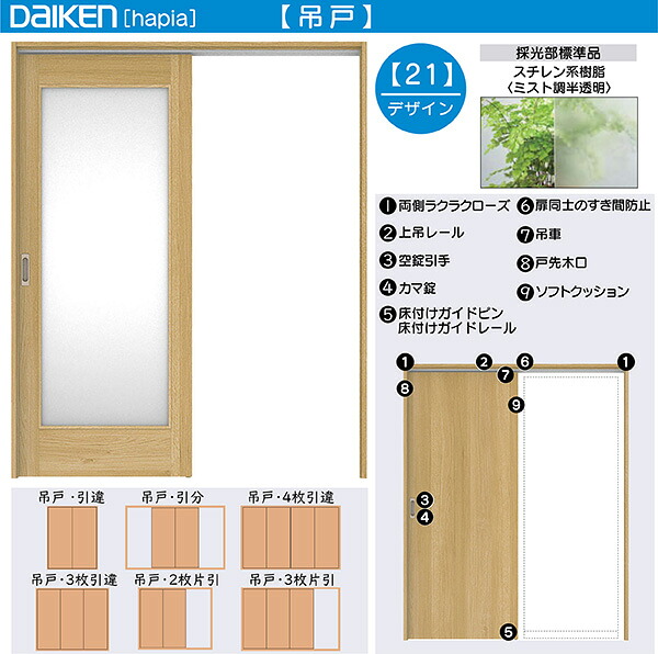 DAIKEN室内ドア ieria(イエリア)リビングドア 吊戸 引き分け戸 価格帯139211円～：21デザイン　幅:3255mm　高さ:2033mm