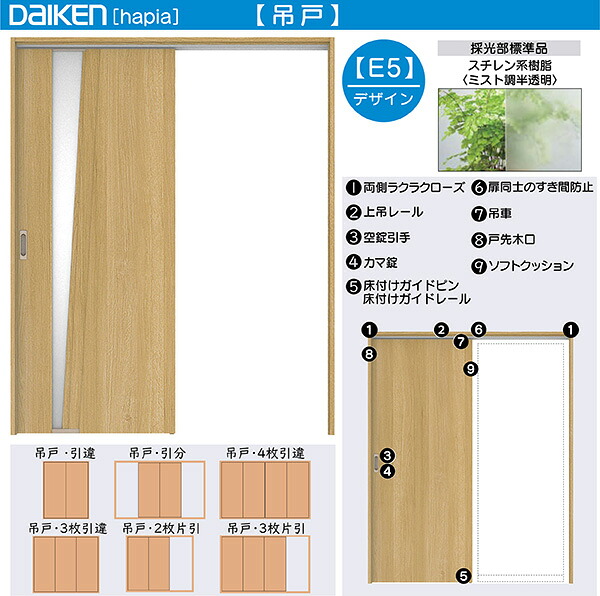DAIKEN室内ドア ieria(イエリア)リビングドア 吊戸 4枚引違い戸 価格帯319605円～：E5デザイン　幅:3255mm　高さ:2033mm｜ノース＆ウエスト