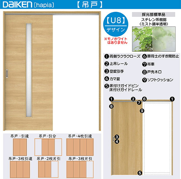 DAIKEN室内ドア ieria(イエリア)リビングドア 吊戸 3枚引違い戸 価格帯169813円～：U8デザイン　幅:2432mm　高さ:2033mm