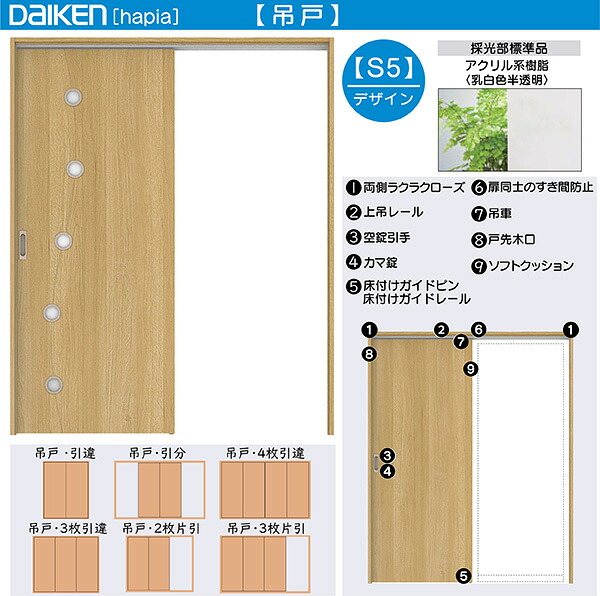 DAIKEN室内ドア ieria(イエリア)リビングドア 吊戸 2枚片引き戸 価格帯192192円～：S5デザイン　幅:2432mm　高さ:2033mm