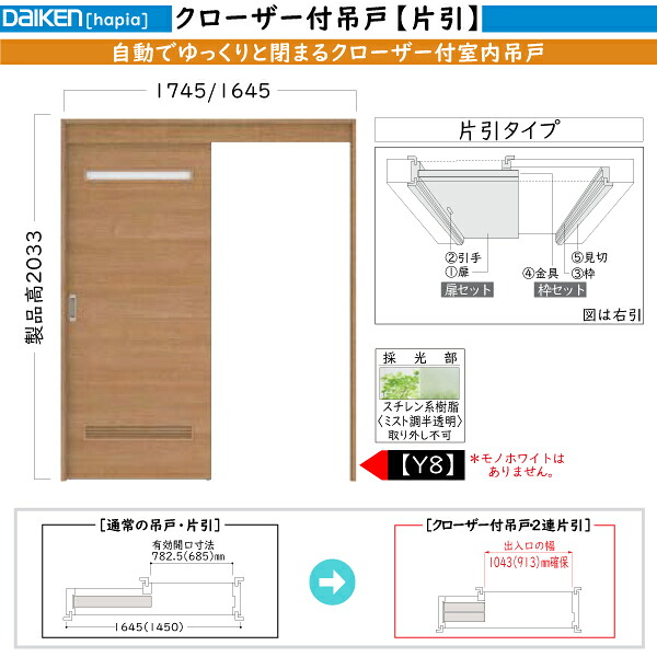 DAIKEN室内ドア ieria(イエリア)機能ドア クローザー付吊戸 片引き戸 Y8デザイン：高さ:2033mm