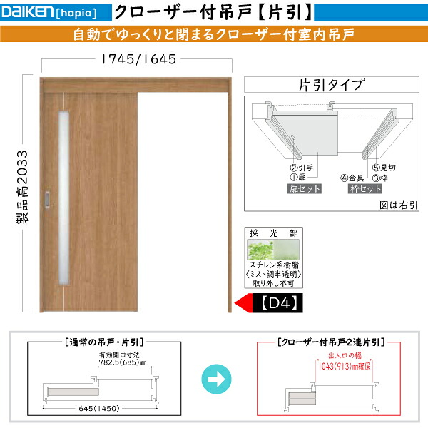 DAIKEN室内ドア ieria(イエリア)機能ドア クローザー付吊戸 片引き戸 D4デザイン：高さ:2033mm｜ノース＆ウエスト