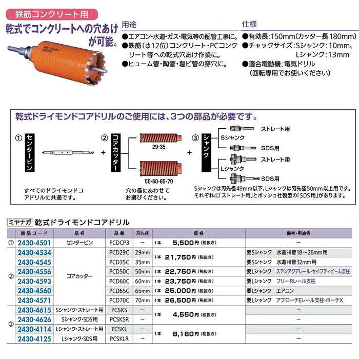 リフォーム用品 道具・工具 電動ツール コアドリル：ミヤナガ 乾式ドライモンドコアドリル コアカッター 刃先径65ｍｍ