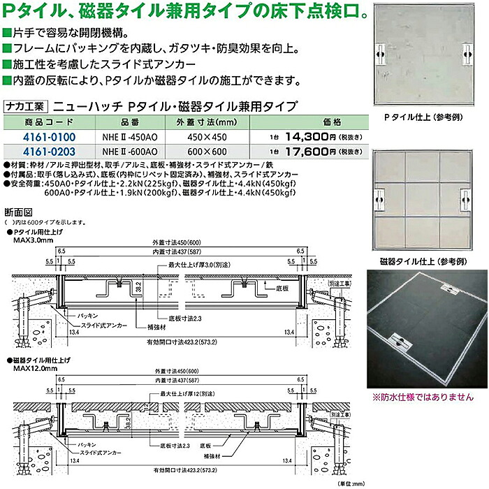 リフォーム用品 建築資材 点検口・床下 床下点検口：ナカ工業 ニューハッチ Ｐタイル・磁気タイル兼用タイプ 450×450（ｍｍ）