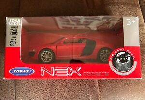 【送料無料】ホビー　模型車　車　レーシングカー スケールモデルカーアウディボックスオープンwelly nex scale model voiture audi r8 v10 rouge 134 en boite, jamais ete ouvert