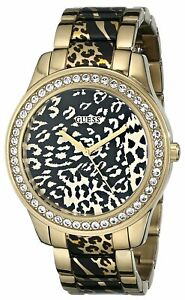 【送料無料】腕時計　ゴールドトーンヒョウクリスタルguess womens gold tone leopard print and sparkle crystal 42mm watch