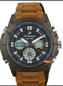 【送料無料】腕時計　パターソンクロノグラフデュアルタイムウォッチブラウンラバーストラップpaterson chronograph, dual time watch,water resistant 30m brown rubber strap,