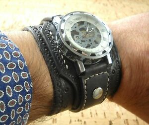 【貨物輸送無料】ウォッチ スチームパンクレザーウォッチスケルトンウォッチカフウォッチメイドイタリアsteampunk wrist watch, leather watch, skeleton watch,cuff watch made インチ italy