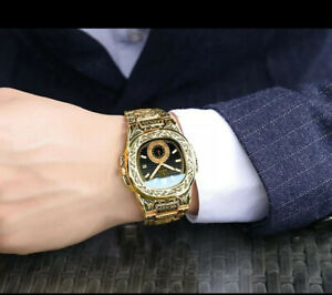 【貨物輸送無料】ウォッチ メンズハンドメイドゴールドイエローmens handmade engraved watch  gold yellow t556
