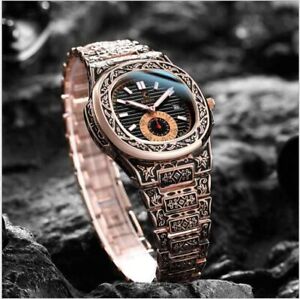 【貨物輸送無料】ウォッチ メンズハンドメイドローズゴールドイエローmens handmade engraved watch rosegold yellow t556