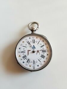 【送料無料】腕時計　モントルグーセットカドランペイトエマイレフランマオンアンアルジャンドコレクションrare montre a gousset cadran peint emaille franc macon en argent de collection 31,837円
