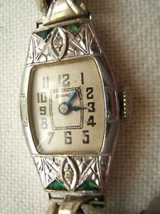【送料無料】腕時計　ゴールドアールデコレディースエメラルド14k gold art deco wrist watch women’s emeralds engraved