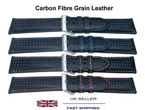 【送料無料】腕時計　カーボンファイバーステッチカラーチョイスレザーウォッチストラップleather watch strap with carbon fibre finish stitch colour choice 20mm to 24mm
