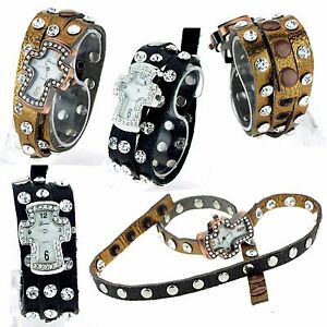 【送料無料】腕時計　ジュネーブレザーブレスレットクロスシェイプウォッチラージラインストーンgeneva leather bracelet cross shape watch with large rhinestones 14,235円