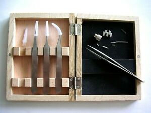 【貨物輸送無料】ウォッチ プロフェッショナルセットステンレスメーカーツールボックスprofessional 4pc tweezer set stainless steel watchmakers hobby tool wood box usa 男女兼用腕時計-腕時計