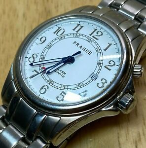 【送料無料】腕時計　ヴィンテージプラハメンシルバースチールアナログクォーツアラームウォッチvintage prague men silver steel analog quartz alarm watch hours~date~ battery