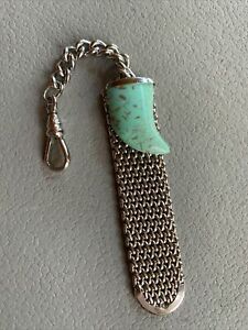 【送料無料】腕時計　ヴィンテージシルバートーンウォッチチェーンターコイズチャームvintage silver tone watch chain amp; fob large turquoise tooth charm