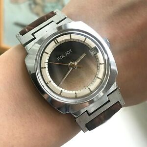 【送料無料】腕時計　ソビエトバイカラースクエアデートブラウンソサービスレアsoviet bicolored square poljot date brown ussr mens wristwatch serviced rare su｜hokushin