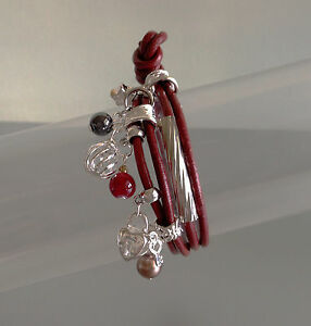 【送料無料】ジュエリー・アクセサリー レザーリンクブレスレットシルバーレッドチャームbracelet lien cuir breloques argent rouge