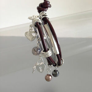 【送料無料】ジュエリー・アクセサリー レザーリンクブレスレットシルバーブラウンbracelet lien cuir breloques argent marron