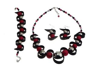 【貨物輸送無料】宝飾品・添え物 ジグザグフクシアファンシージュエリークラフトparure zigzag  fuchsia, noir et argente  bijoux fantaisiecreation artisanale