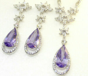 【貨物輸送無料】宝飾品・佩び物 バイオレットジルコーネゴールドメッキハンギングアンサンブルviolet zircone plaque or blanc geante fleur pendantes oreilles ensemble collier
