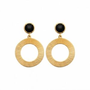 【貨物輸送無料】宝飾品・佩び物 ゴールドメッキリングイヤリングアゲートboucles doreilles en plaque or cercle cisele et agate noire veritable