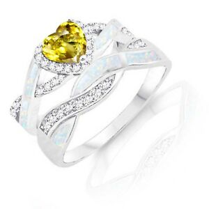 【送料無料】ジュエリー・アクセサリー イエロートパーズハートケルトホワイトオパールシルバーリングセットjaune topaze coeur infini celtique blanc opale w cz fiancailles bague argent set
