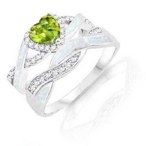 【送料無料】ジュエリー・アクセサリー ペリドットケルトハートホワイトオパールジルコーネシルバーリングセットperidot coeur infini celtique blanc opale w zircone fiancailles bague argent set