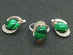 【貨物輸送無料】宝飾品・佩び物 マラカイトストラスシルバーイヤリングリングparure boucles doreilles et bague en argent massif avec malachite et strass