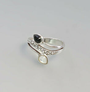 【貨物輸送無料】宝飾品・付属物 ホワイトブラックカボションシルバーリング99825506 bague avec blanc et noir cabochon 925er argent gr57