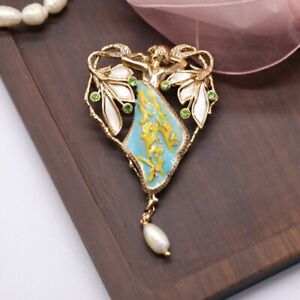 【貨物輸送無料】宝飾品・付属品 アールヌーボーブローチペンデンティックターコイズパールbroche amp; pendentif art nouveau belle femme email turquoise perle culture qd10