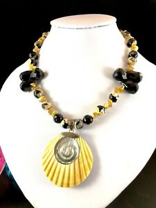 【貨物輸送無料】宝飾品・佩び物 ファビュラスイエローブラックグラスパールネックレススターリングアワビハンギングシェルfabuleux jaune verre noir perle collier 925 sterling abalone coque pendentif