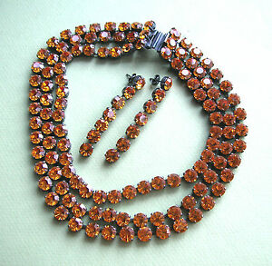 【貨物輸送無料】宝飾品・付属品 ネックレスアンバーラインストーンイヤリング1246   collier  trois rangs et boucles doreille percees  strass  ambre
