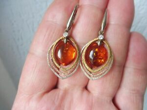 【貨物輸送無料】宝飾品・付属物 イヤリングゴールデンシルバーアンバーtres belle ,vieux boucles doreilles __ 925 argent dore, avec ambre