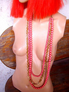 【貨物輸送無料】宝飾品・付属品 コーラルレジンパールドリーチェーンネックレスj175  collier  sautoir trois rangs de perles resine corail et chaine doree