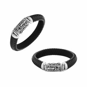 【貨物輸送無料】宝飾品・付属物 シルバースターリングブレスレットブラックレザーargent sterling bracelet avec cuir noir ab1131ltblk203珊