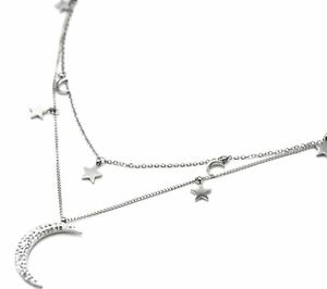 【送料無料】ジュエリー・アクセサリー シルバースチールストラスダブルチェーンネックレスcc2842e collier double chaine avec etoiles et lunes acier argente et strass