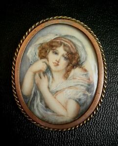 【送料無料】ジュエリー・アクセサリー ブローチミニチュアペンチュアモントゥールa voir magnifique broche peinture miniature jeune femme amp; monture doree, signee