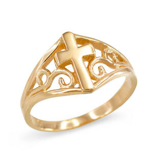 【貨物輸送無料】宝飾品・付属物 ソリッドイエローパターンリングクロスsolide 14k or jaune filigrane motif bague croix