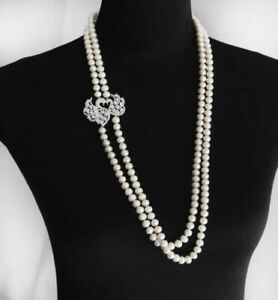 【送料無料】ジュエリー・アクセサリー ミロングパールカルチャープレートゴールドメッキホワイトジルコンレトロcollier mi long perle culture plate 89mm plaque or blanc zircon cygne retro tz9