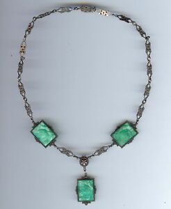 【送料無料】ジュエリー・アクセサリー ヴィンテージチェコグリーンガラスシルバーネックレスorne 588ms vintage tcheque sculpte verre vert fleurs silver collier