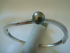 【送料無料】ジュエリー・アクセサリー ジルコニウムタヒチラウンドローディッドシルバーブレスレットbracelet argent rhodie avec zirconium et perle de tahiti ronde 10,48 mm