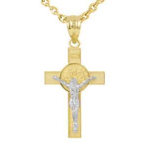 【送料無料】ジュエリー・アクセサリー トンゴールドイエローサンベネディクトクルシフィックスグランドネックレス14k deux tons or jaune saint benedicte crucifix grand 41cm collier