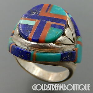 【送料無料】ジュエリー・アクセサリー ヴィンテージナバホシルバースターリングモザイクリングvintage navajo signe argent sterling gemme mosaique incrustation geometric bague 64,980円