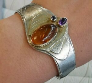 【送料無料】ジュエリー・アクセサリー シルバーマッシブアメジストアンバーアールヌーボーヴィンテージブレスレットbracelet vintage en argent massif amethyste et ambre, art nouveau